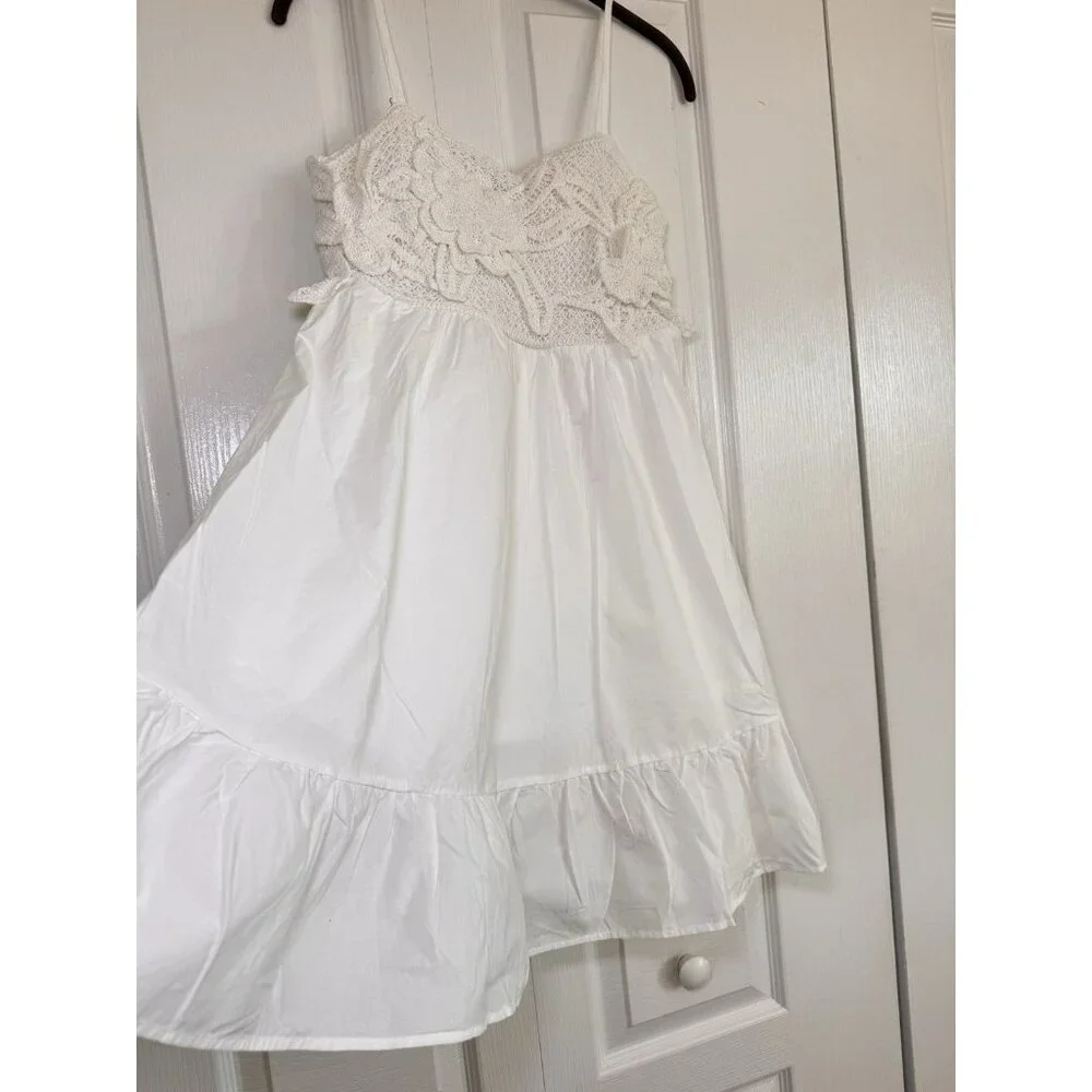 White Cottagecore Mini Dress Crochet Floral Boho Sundress Size L 10 - Picture 5 of 11